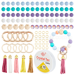 Chgcraft kit de fabrication de bracelet porte-clés à breloques bricolage, y compris perles rondes en silicone et bois, glands en daim en laiton, porte-clés fendu en alliage et anneau de porte à ressort, couleur mixte, porte-clés fendu: 5 pièces/sac