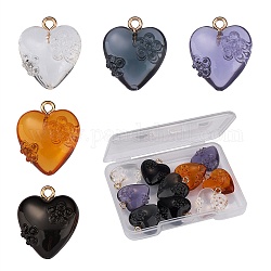 10Pcs 5 Colors Transparent & Opaque Resin Pendants, with Golden Tone Iron Loops, Heart with Flower, Mixed Color, 20x17x8.5mm, Hole: 2mm, 2pcs/color