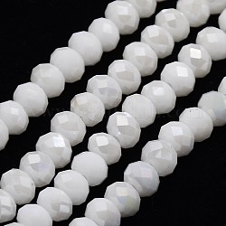 AB Color Plated Electroplate Opaque Solid Color Crystal Glass Rondelle Beads Strands, Faceted, White, 6x4mm, Hole: 1mm, about 95pcs/strand, 16.9 inch