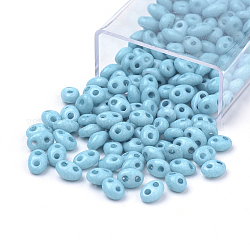 2-Hole Seed Beads, Czech Glass Beads, Oval, Sky Blue, 5x3~3.5x2.5~3mm, Hole: 0.5mm, about 194pcs/box, Net Weight: 10g/box