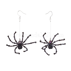 Glassamen geflochtene lange Spinnenohrringe, 304 Edelstahl-Halloween-Schmuck für Frauen, Schwarz, 86 mm, Stift: 0.7 mm