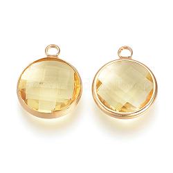 Glass Pendants, with Brass Findings, Faceted, Flat Round, Champagne Yellow, 9.5x6.5x2.5mm, Hole: 2mm
