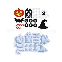 Хэллоуин тема призрак/конфеты/летучая мышь силиконовые Молды своими руками, Молды для литья смолы, для уф-смолы, изготовление изделий из эпоксидной смолы, белые, 125x73x7 мм, внутренний диаметр: 6.5~36.5x12~37.5 мм