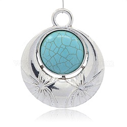 Antique Silver Tone Alloy Synthetic Turquoise Big Pendants, Flat Round Big Pendant, Sky Blue, 69x58x11mm, Hole: 9mm