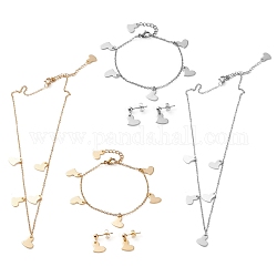 Kits de bijoux en 304 acier inoxydable, chaînes forçats pendentifs colliers & clous d'oreilles & bracelets, avec fermoir pince de homard, cœur, couleur mixte, 17.83 pouce (45.3 cm), 7.28 pouce (18.5 cm), 18mm, pin: 0.7 mm