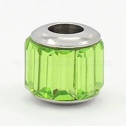 Glass European Beads, Large Hole Drum Beads, with 304 Stainless Steel Core, Faceted, Lawn Green, 11x10mm, Hole: 5mm
