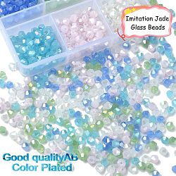 600 Stück 6 Farben imitierte Jade galvanisierte Glasperlenstränge, ab Farbe plattiert, facettiert, Doppelkegel, Mischfarbe, 4x4 mm, Bohrung: 0.8 mm, 100 Stk. je Farbe