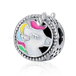 Perles européennes en 925 argent sterling, Perles avec un grand trou   , plat rond avec cheval licorne, colorées, platine