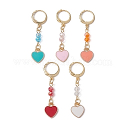 Alloy Enamel Heart Pendant Decoration, with Glass Beads and 304 Stainless Steel Leverback Earring Findings, Mixed Color, 42mm
