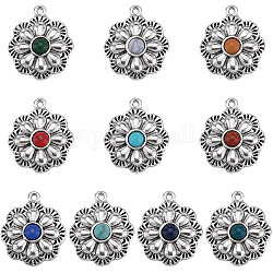 Sunnyclue 20 pièces 10 couleurs pendentifs en résine imitation pierres précieuses, breloques de fleurs, avec accessoires en alliage de zinc plaqué argent antique, couleur mixte, 23.5x20x5~5.5mm, Trou: 1.5mm, 2 pcs / couleur