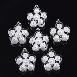 Colgantes de acrílico transparentes, con abs de plástico imitación perla, flor, blanco, 32x28.5x11mm, agujero: 2 mm
