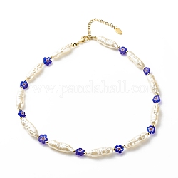 女性のための abs 模造真珠 & ミッレフィオーリ ガラス ビーズ ネックレス  ブルー  15.94インチ（40.5cm）