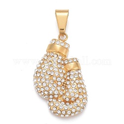 304 Stainless Steel Pendants, with Crystal Rhinestone, Boxing Gloves, Golden, 43x28x8mm, Hole: 6.5x11.5mm