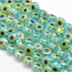 Handmade Millefiori Glass Flat Round Bead Strands, Single Flower Design, Turquoise, 8x4mm, Hole: 1mm, about 53pcs/strand, 14.7 inch