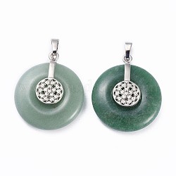 Natural Green Aventurine Pendants, with Platinum Tone Brass Findings, Donut/Pi Disc with Flower, 35.5x30x8.5~9.5mm, Hole: 4.5x6.5mm