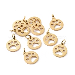 304 Stainless Steel Pendants, Flat Round with Dog Paw Prints, Golden, 14x12x1.1mm, Hole: 4mm