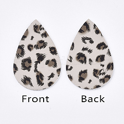 Gros pendentifs en cuir pu, larme, avec imprimé léopard, blanc antique, 56.5x37x1.5mm, Trou: 1.5mm
