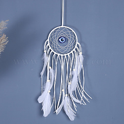 Cotton and linen Woven Net/Web with Feather Wall Hanging Decoration, Glass Evil Eye and Wooden Bead Pendant Decorations, White, 400x130mm