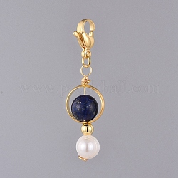 Lapis lazuli naturale ciondoli, con perla naturale, cornici di perline in ottone dorato e 304 fermaglio in acciaio inossidabile per aragosta, 41mm