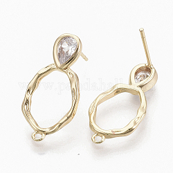 Brass Cubic Zirconia Stud Earring Findings, with 925 Sterling Silver Pins and Loop, with S925 Stamp, Nickel Free, Real 18k Gold Plated, Clear, 23x11mm, Hole: 1.4mm, Pin: 0.7mm