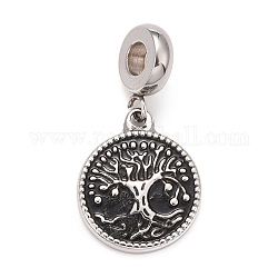 304 Stainless Steel European Dangle Charms, Large Hole Pendants, with Black Enamel, Flat Round with Tree, Stainless Steel Color, 28.5mm, Hole: 4mm, Flat Round: 18x15x2mm