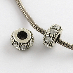 Perles européennes rondes à gros trou avec strass en alliage, argent antique, cristal, 12~13x6.5mm, Trou: 5~5.5mm