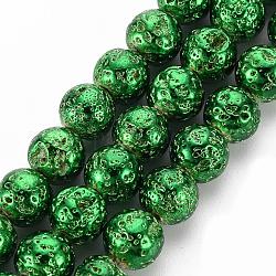 Fili di perle di roccia lavica naturale elettrodeposta, tondo, accidentato, verde, 8~8.5mm, Foro: 1 mm, circa 46pcs/filo, 14.5 pollice