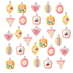 28Pcs 7 Styles Opaque Resin Pendants, with Platinum Tone Iron Loops, Imitation Food Charm, Cookie & Pizza & Croissant & Hot Dog & Bread & Cake, Mixed Color, 24~30x16.5~24x7~11mm, Hole: 2.2mm, 4pcs/style