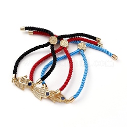 Ensembles de bracelets coulissants en nylon torsadé réglable, bracelets fins et chaînes, avec des maillons en zircone cubique micro pavés en laiton et des perles en laiton, Hamsa main, or, couleur mixte, diamètre intérieur: 1/4~2-3/8 pouce (0.7~6 cm), 3 pièces / kit