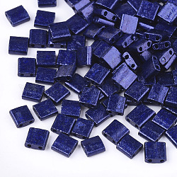 Perles de rocaille en verre, peinture de cuisson, 2 trou, rectangle, bleu foncé, 5x4.5~5.5x2~2.5mm, Trou: 0.5~0.8mm