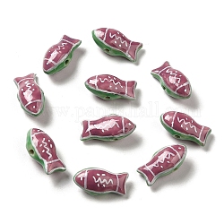 Handgemachte Porzellan Perlen gedruckt, famille rose Porzellan, Fisch, alte Rose, 11x21.5~22x9 mm, Bohrung: 1.5~1.8 mm