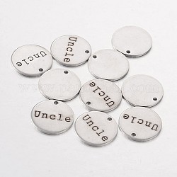 Ciondoli in acciaio inox, rotonda e piatta con la parola zio, colore acciaio inossidabile, 15x1mm, Foro: 1.3 mm