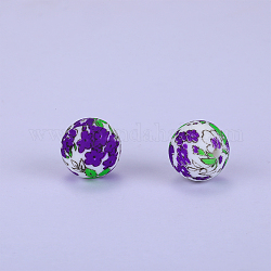 Rond imprimé avec perles focales en silicone à motif floral, violet, 15x15mm, Trou: 2mm