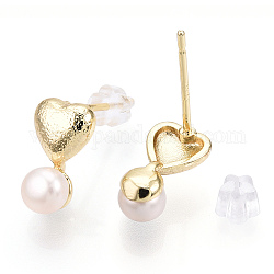 Boucles d'oreilles coeur en laiton et perles naturelles, avec 925 épingle en argent sterling, véritable 18k plaqué or, 11x7mm, pin: 0.8 mm