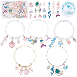 DIY Ocean Theme Bracelet Bangle Making Kit, Including Fishbone & Spiral Shell & Mermaid Alloy Enamel Pendants, Plastic Pearl Beads, Expandable Bangle, Mixed Color, 164Pcs/box