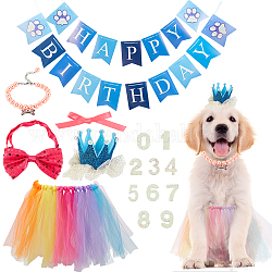 Olycraft Pet Birthday Party Supplies, Including Paper Banners, Number 0~9 Oxford Cloth Stickers, Crown Lace Mesh Alligator Hair Clips, Adjustable Collar, Dog Dress Skirt, Mixed Color, 200x150x43mm