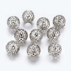 Abalorios europeos de latón, bolas huecas de orificio grande, rondelle con cuadrícula, plata antigua, 10x8mm, agujero: 4 mm