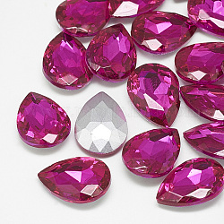 Cabujones de cristal con rhinestone, espalda plateada, facetados, lágrima, rosa, 10x7x4mm