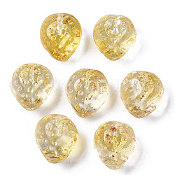 Perlas de vidrio pintado en aerosol transparente, con la hoja de oro, medio-perforado, textura, forma de la fresa, amarillo, 13x11x10mm, agujero: 1 mm