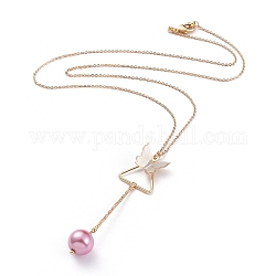 Collane del pendente, con rotonde perle perline di vetro, link sbarra di ferro, ciondolo in ottone, catenelle per cavi e aragosta, farfalla, perla rosa, 20.67 pollice (52.5 cm)