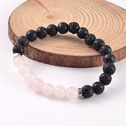 Bracelets extensibles perlés en pierre de lave naturelle, avec perles de quartz rose et les accessoires en laiton, platine, 58mm