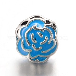 Grand trou fleur rose émail en alliage perles européennes, argent antique, bleu profond du ciel, 10x8x8mm, Trou: 4.5mm