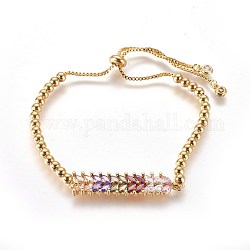 Bracelets réglables en laiton à zircon cubique, bracelets bolo, avec des chaînes et des perles rondes, blé, or, colorées, 10-1/4 pouce (26 cm)