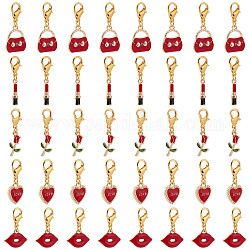 SUNNYCLUE Valentine's Day Theme Alloy Enamel Pendant Decoration, Clip-on Charms, with Zinc Alloy Lobster Claw Clasps, Rose/Lipstick/Heart/Bag/Lip, Mixed Color, 28~35mm, 50pcs/box