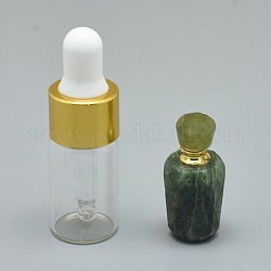 Natürliche Prehnit-Anhänger für Parfümflaschen, mit Messingfunden und Glasflaschen mit ätherischen Ölen, 29~33x14~15 mm, Bohrung: 0.8 mm, Fassungsvermögen der Glasflasche: 3 ml (0.101 fl. oz), Edelsteinkapazität: 1 ml (0.03 fl. oz)