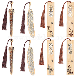 Ahademaker 1 set di segnalibri rettangolari in legno con nappe, con carattere cinese, motivo a fiori di pruno e bambù e cymbidium e crisantemo, con 4 segnalibro in bambù, colore misto, 24~24.6cm