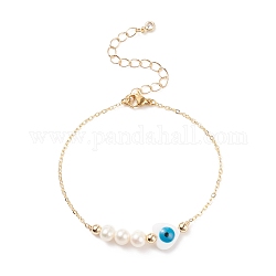Perle naturelle et coquillage coeur avec bracelet à maillons mauvais œil avec chaînes en laiton pour femme, or, 7-1/4 pouce (18.5 cm)