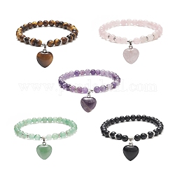 Natural & Synthetic Gemstone Beads Stretch Bracelets, Heart Charms Bracelets for Women, Inner Diameter: 2-1/8 inch(5.3cm)