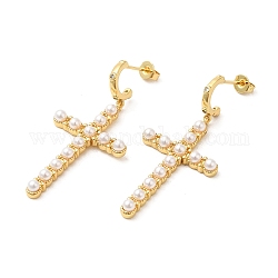 Boucles d'oreilles pendantes en croix en perles d'imitation abs, boucles d'oreilles en laiton pour femmes, véritable 16k plaqué or, 46~46.5mm