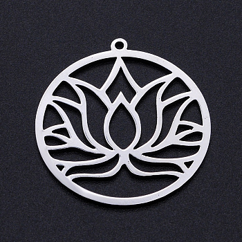 201 Edelstahl Anhänger, Filigrane Tischlerergebnisse, für Chakra, Laserschnitt, runder Ring mit Lotusblume, Edelstahl Farbe, 32x29.5x1 mm, Bohrung: 1.5 mm